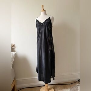 Vintage Black Satin Lace Slip Dress • Unmentionables • Size L • Lace Panel Slit